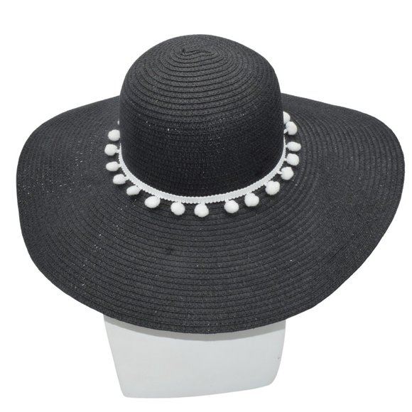Black Wide Brim Straw Sun Hat Pom Embellished - Picture 4 of 8